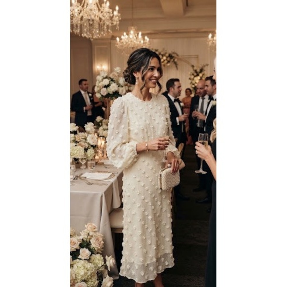 Chicwish Cream 3D Floral Pom Pom Midi Dress Long Bishop Sleeve Wedding Guest